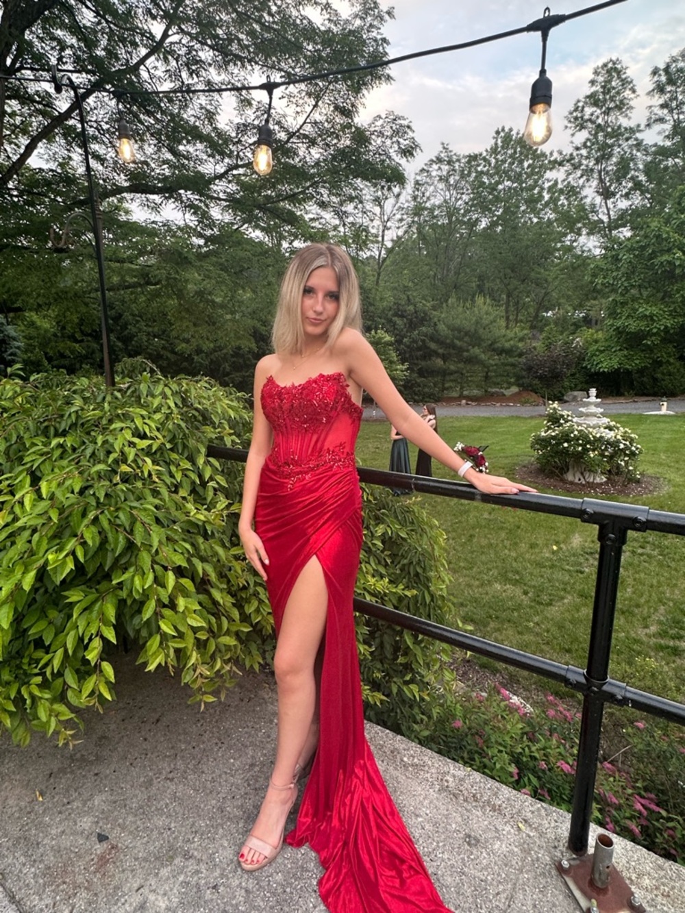 Red Strapless Embellished Evening Dress with High Slit